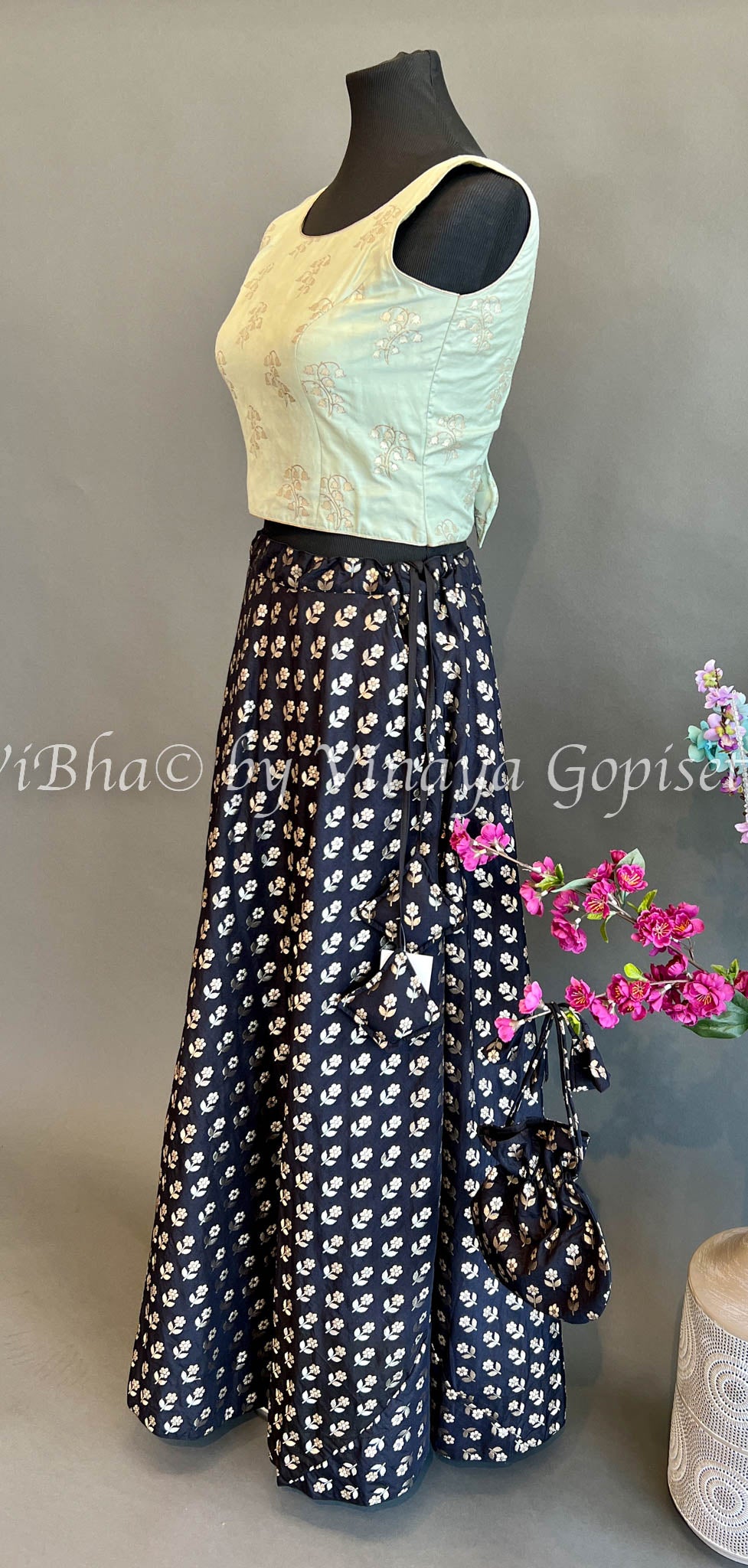 Black and Neutral Gray Benares Silk Skirt and Crop Top with Potli
