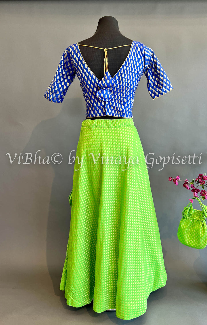 Green and Blue Benares Silk Skirt and Crop Top with Potli
