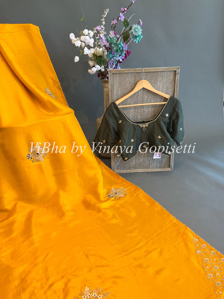 Mustard Yellow and Dark Mehendi Green Chinori Silk Embroidered Saree and Blouse