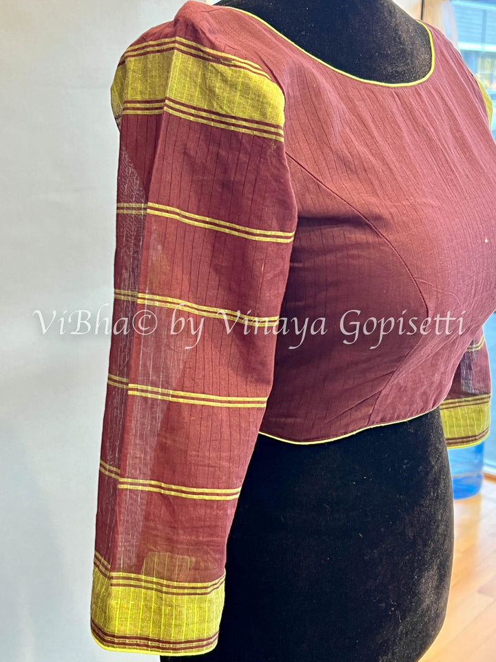 Brown And Green Handloom Cotton Blouse