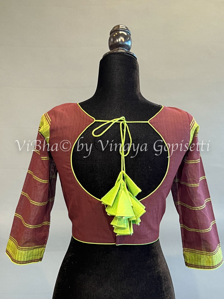 Brown And Green Handloom Cotton Blouse