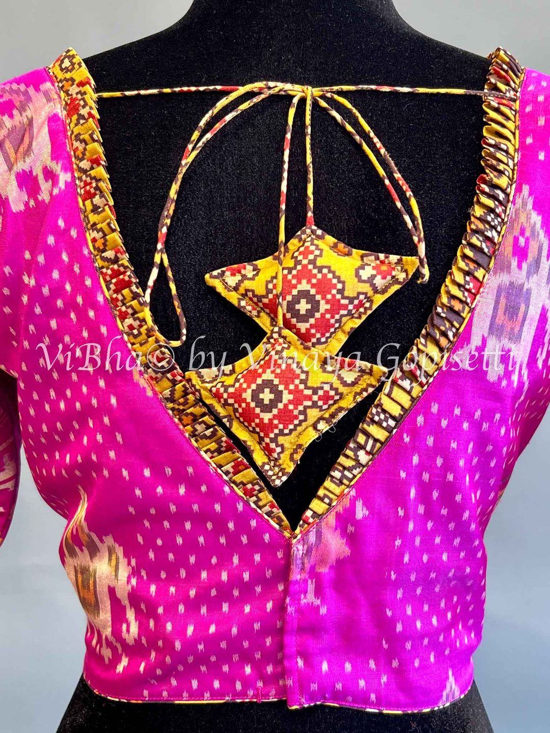 Rani Pink Patola Blouse with Yellow pleated borders