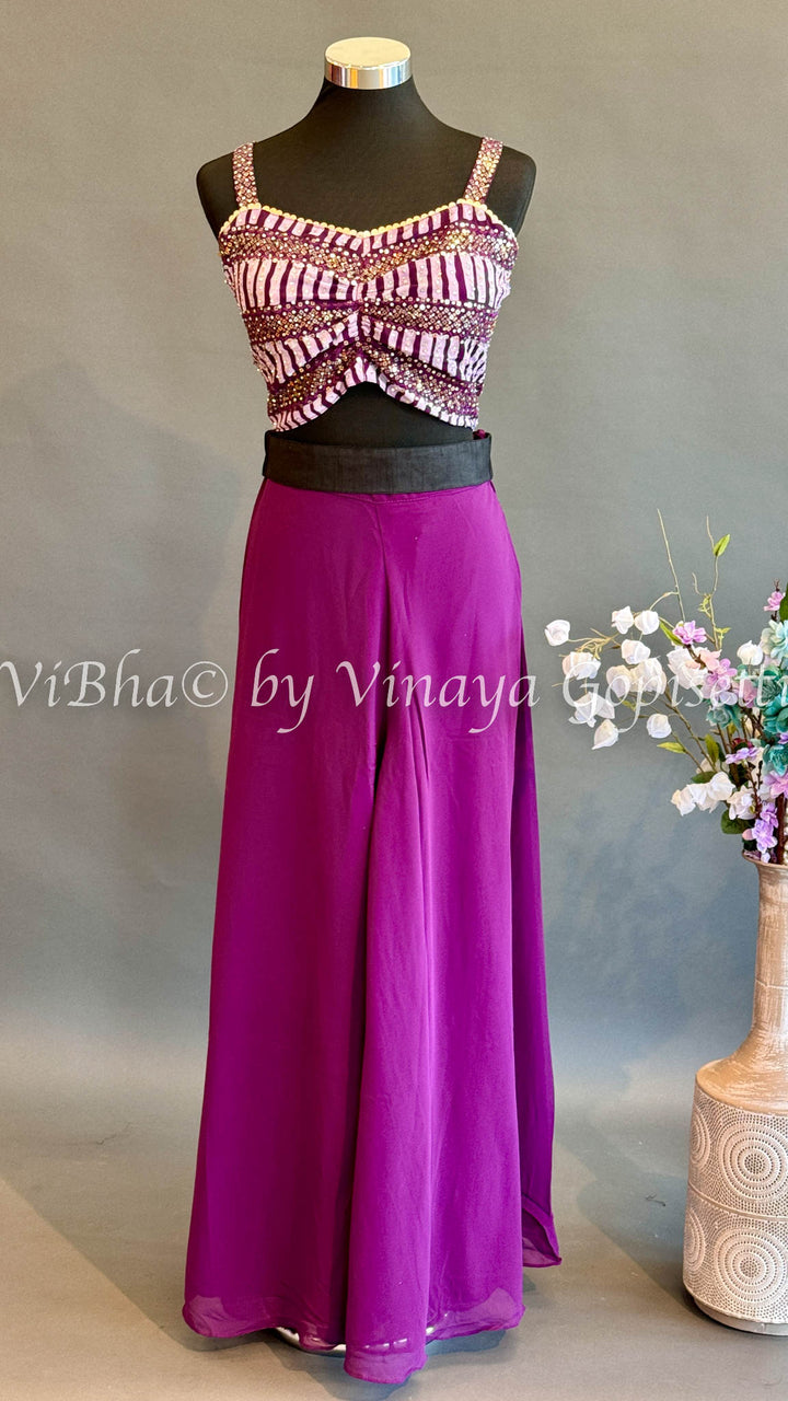 Purple Jacket Style Palazzo with embroidered sleeveless blouse.