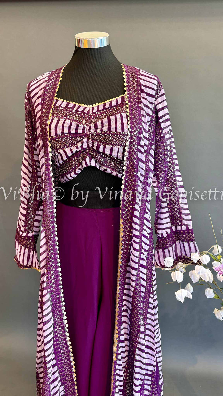 Violet Sharara Set With Sleeveless Blouse  And Detachable Jacket