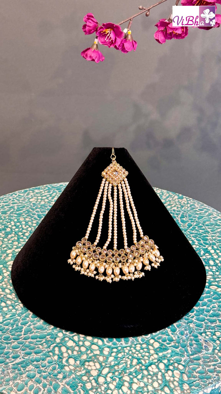 Gold Glass Beads And Pearl Jhoomar
