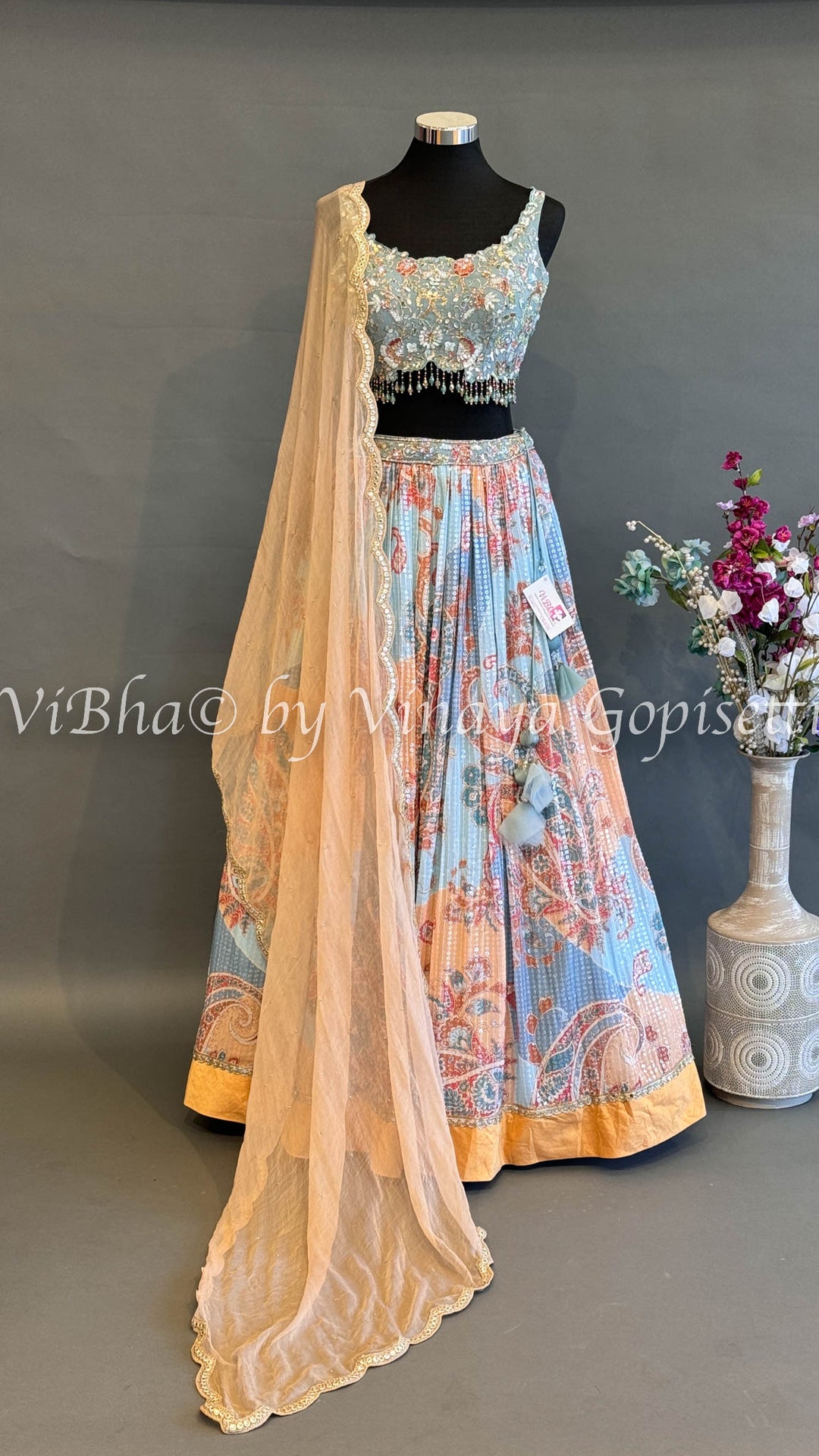 Light Blue And Peach Lehenga With Embroidered Blouse And Dupatta