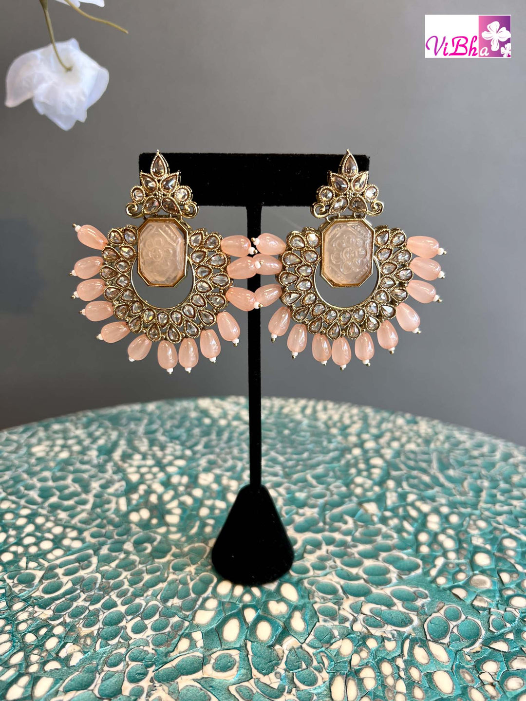 Peach Glass Beads Chand Bali Earrings