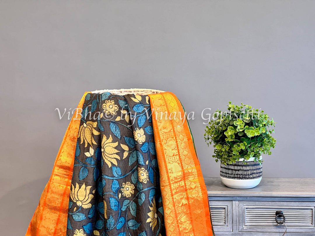 Indigo Blue And Green Kanchi Silk Pen Kalamkari Saree And Blouse With Orange Borders