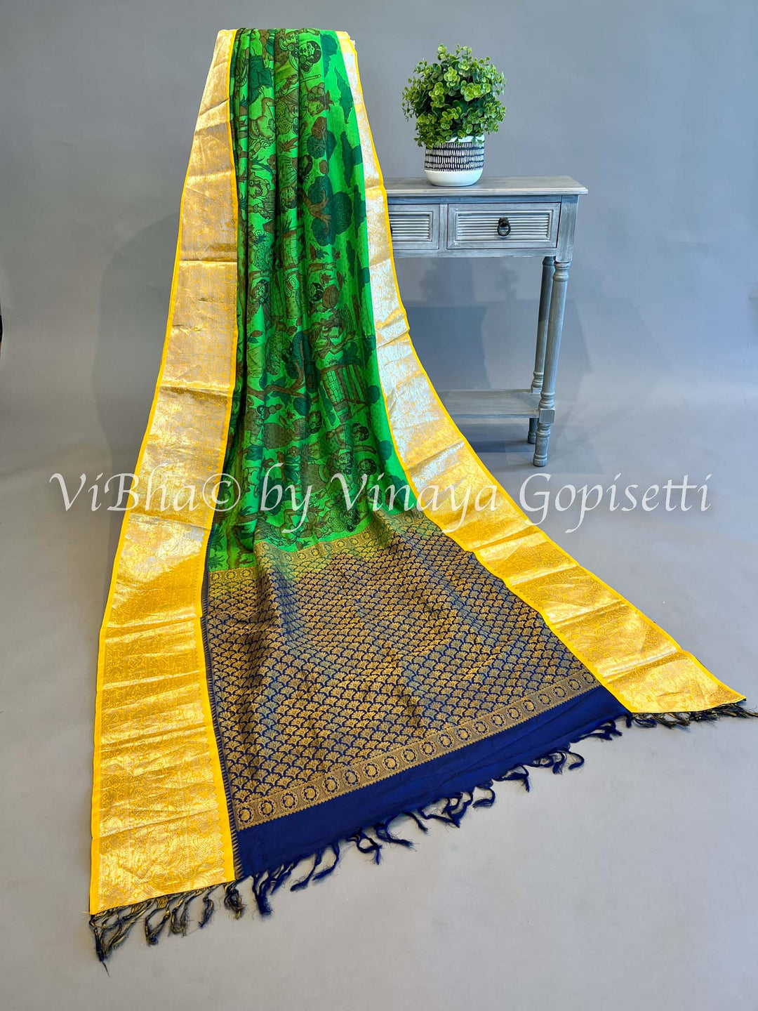 Green Kanchi Pen Kalamkari Saree and Blouse With Yellow And Blue Borders