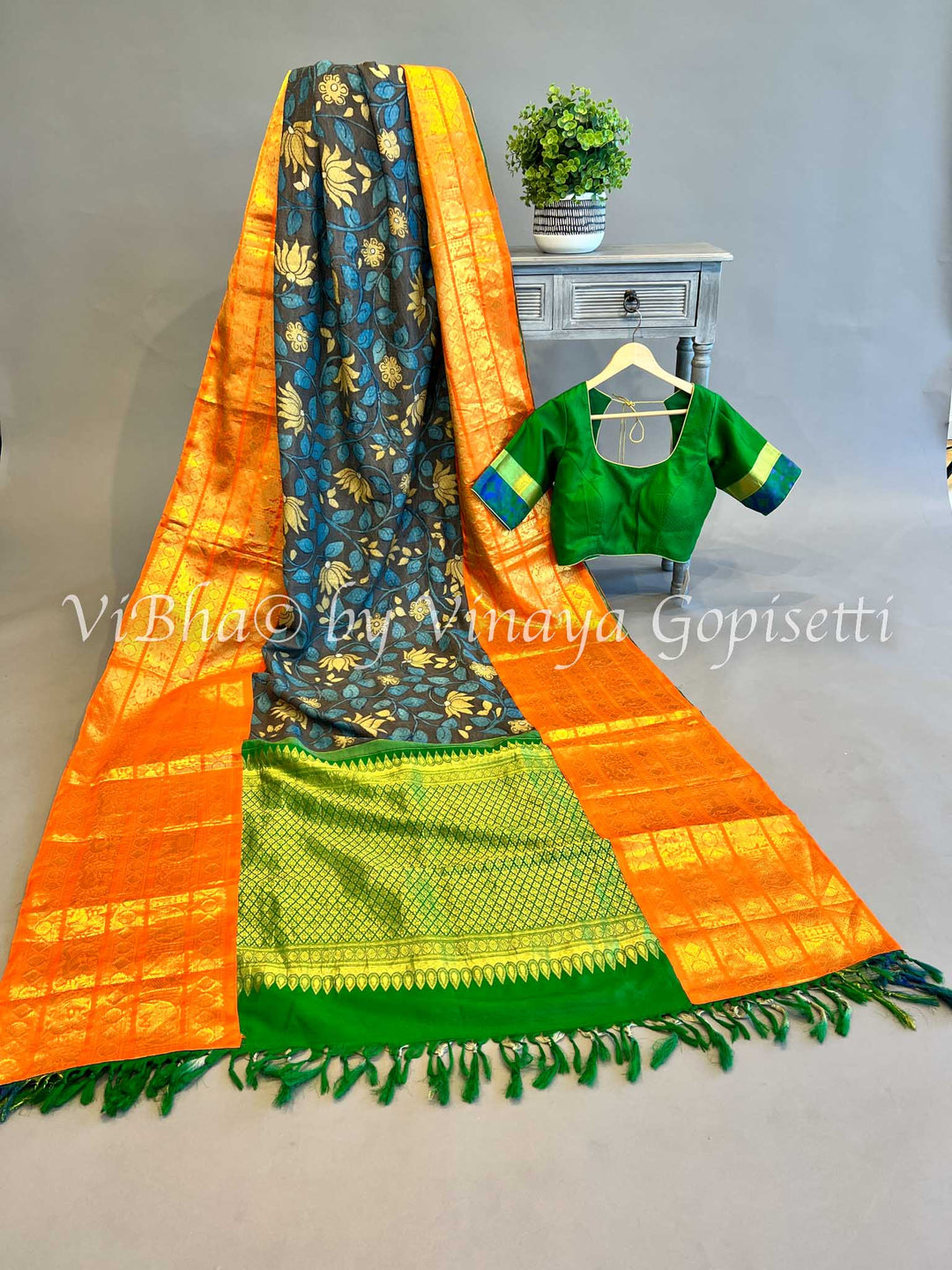 Indigo Blue And Green Kanchi Silk Pen Kalamkari Saree And Blouse With Orange Borders