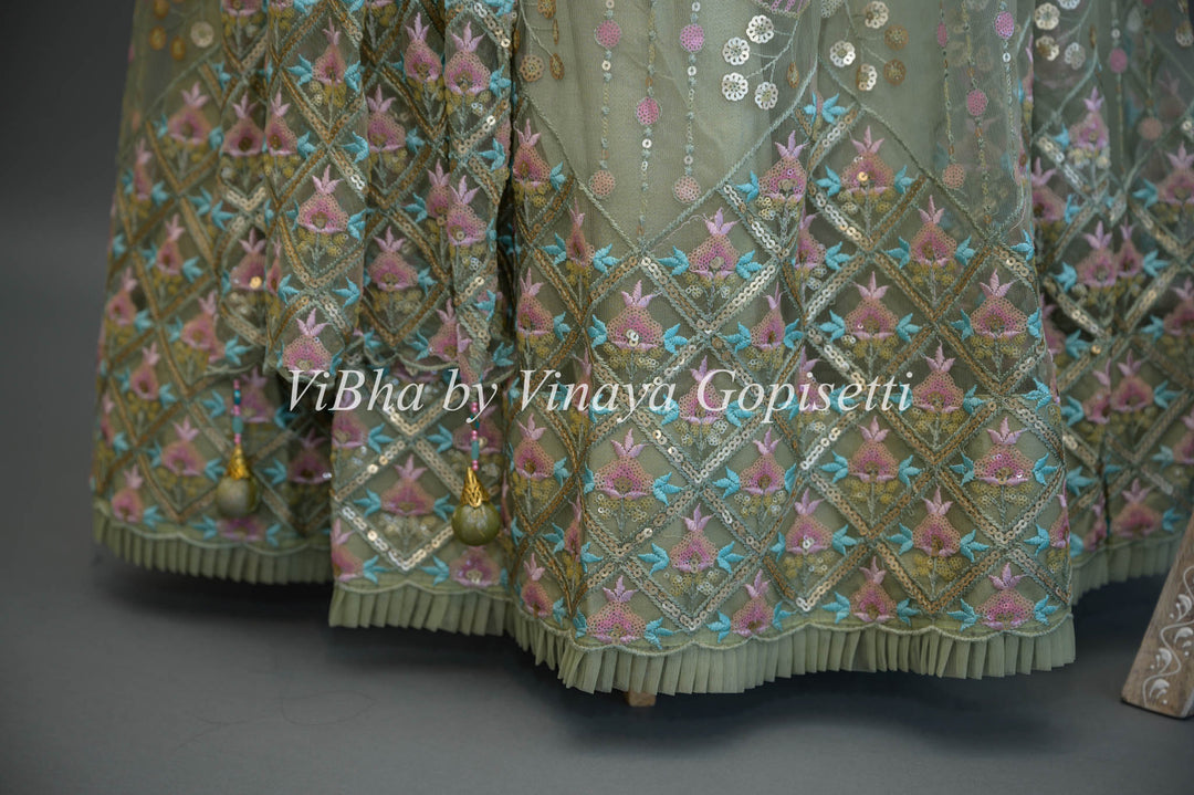 Pastel Green Net embroidered Lehenga Set With Sleeveless Blouse