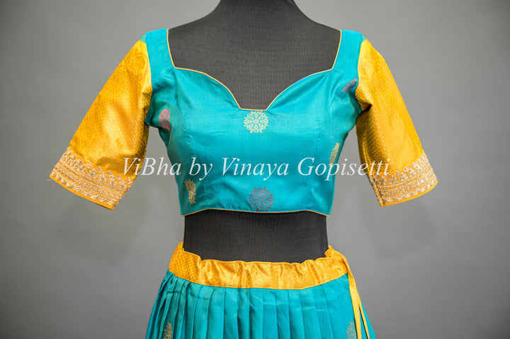 Teal Blue and Yellow Gadwal Silk Lehenga With Embroidered Borders And Yellow Embroidered Dupatta