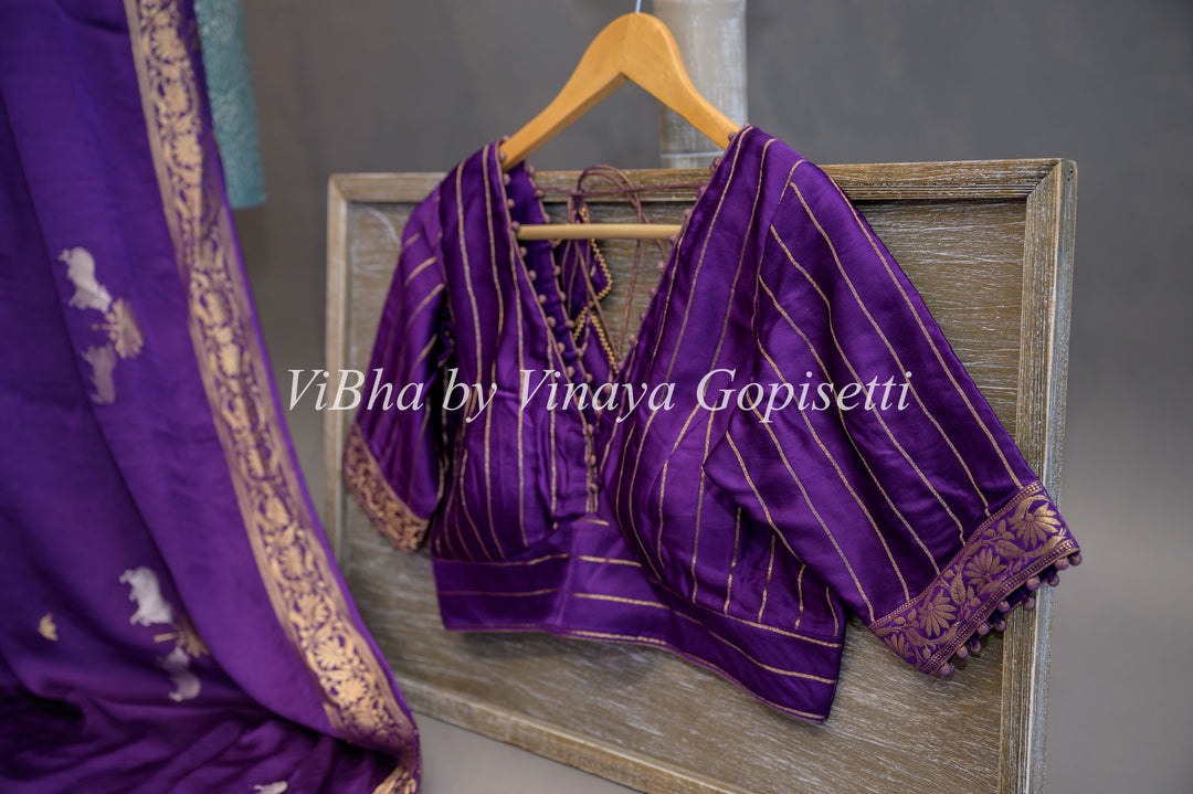 Purple Banarasi Silk Saree And Blouse With Pichwai Motifs