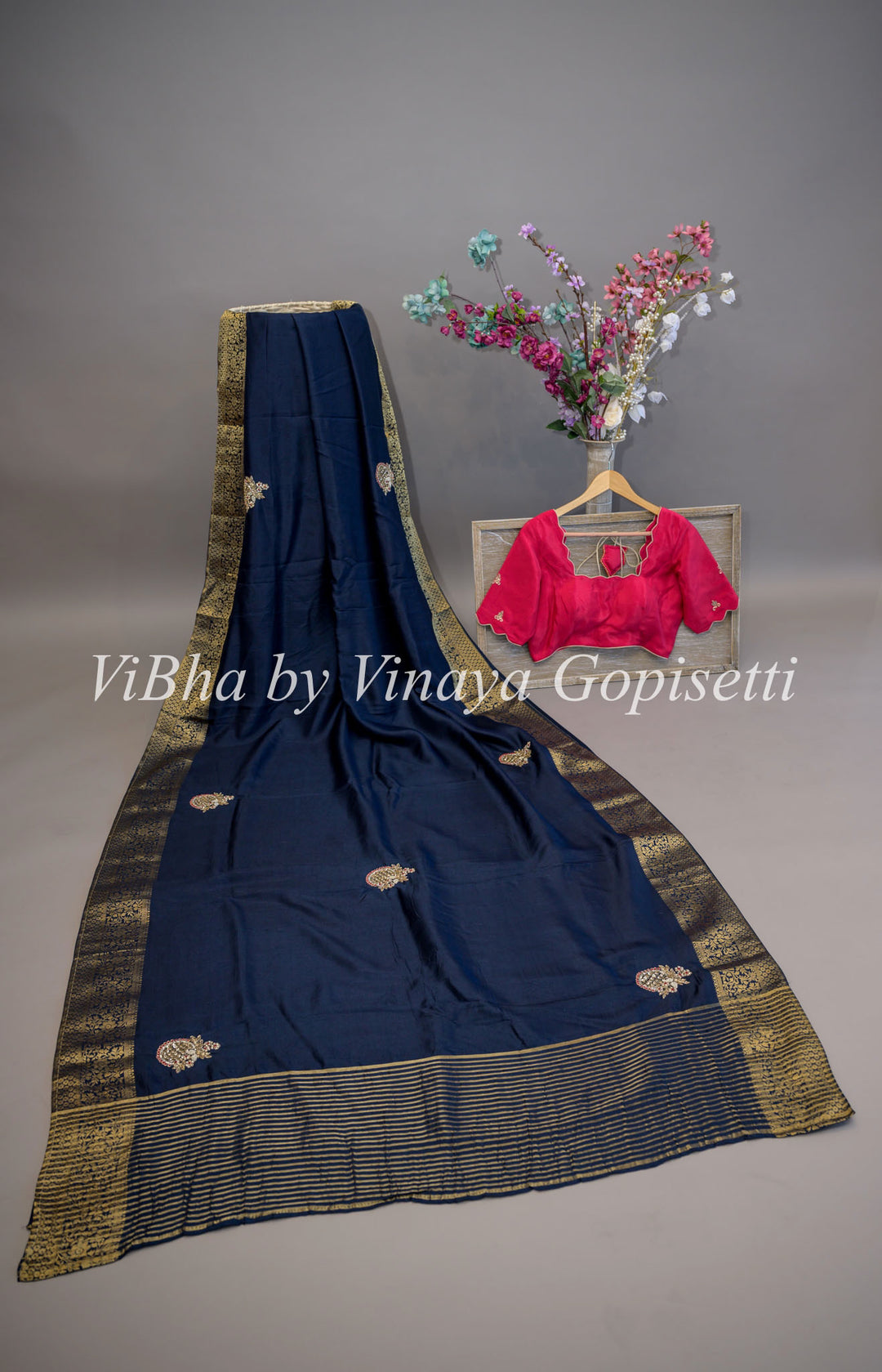 Navy Blue And Pink Dola Silk Embroided Saree And Blouse