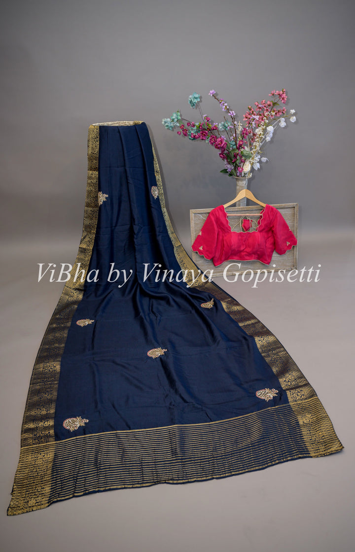 Navy Blue And Pink Dola Silk Embroided Saree And Blouse