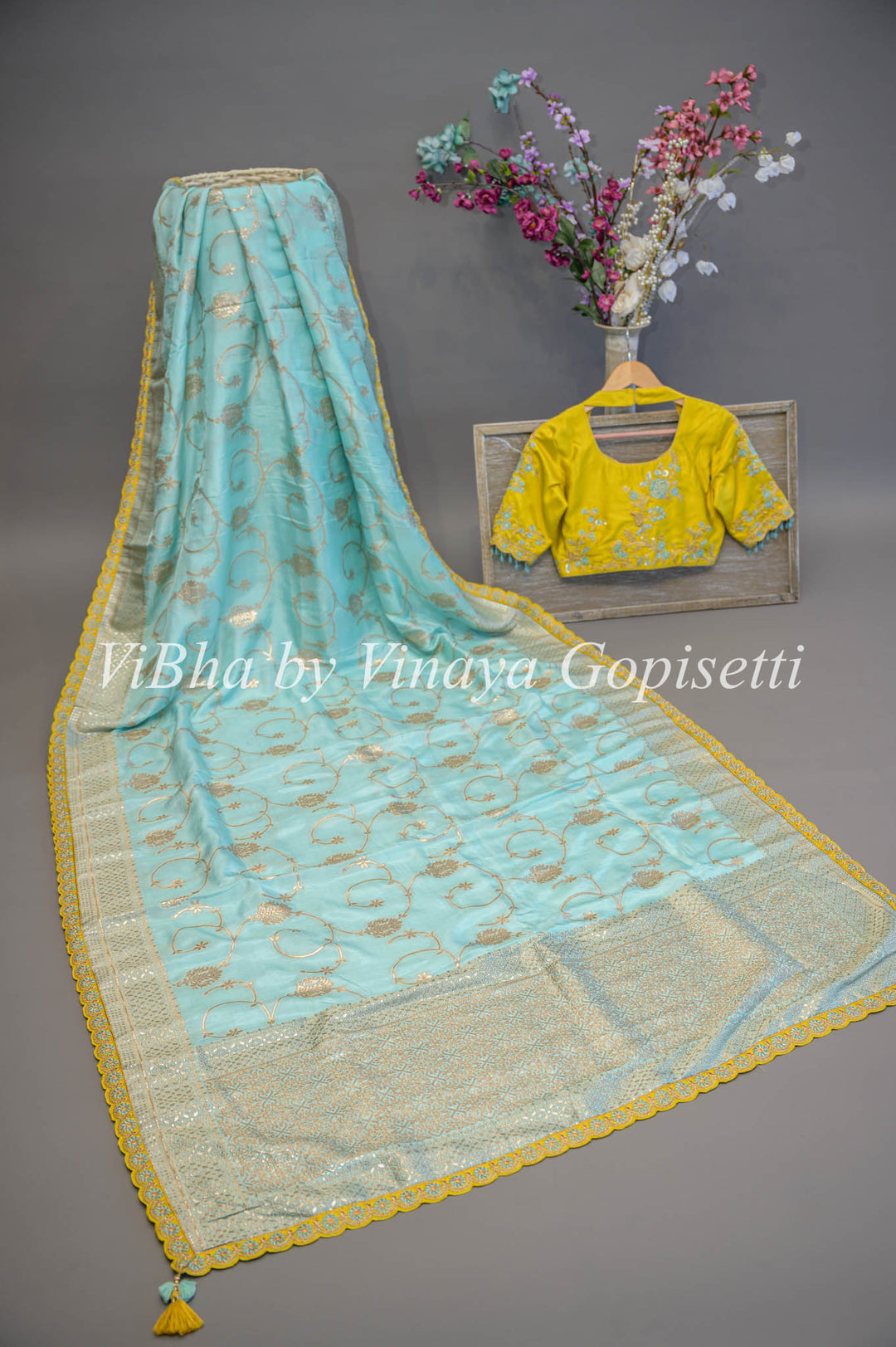 Pastel Blue And Green Banarasi SIlk Embroidered Saree and Blouse