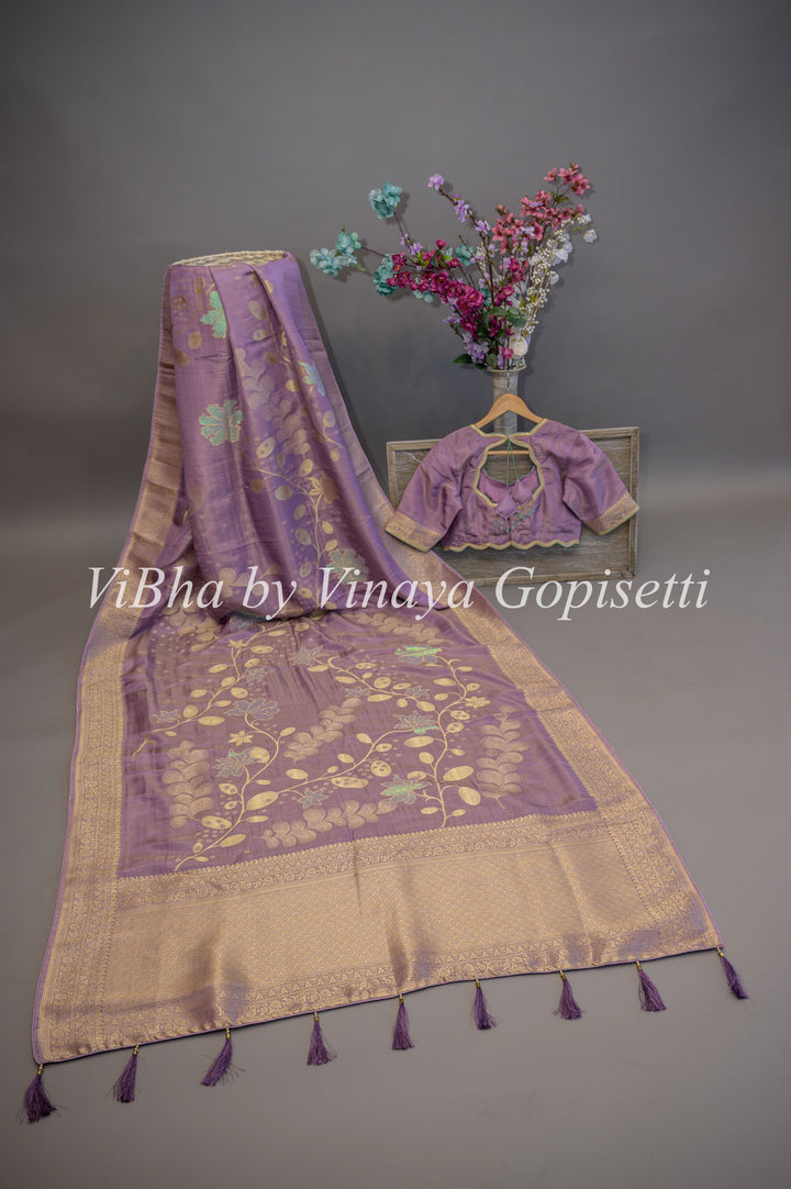 Lavender Tissue Banarasi Kora Saree and Blouse