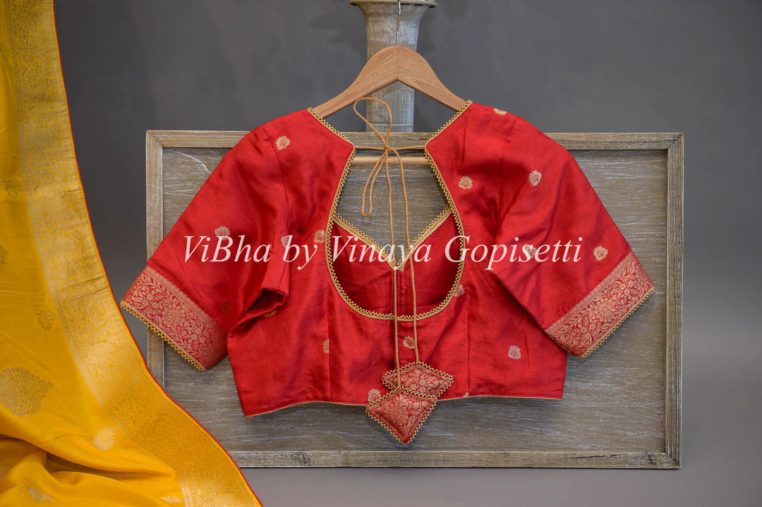 Yellow and Red Banarasi Silk Saree And Blouse