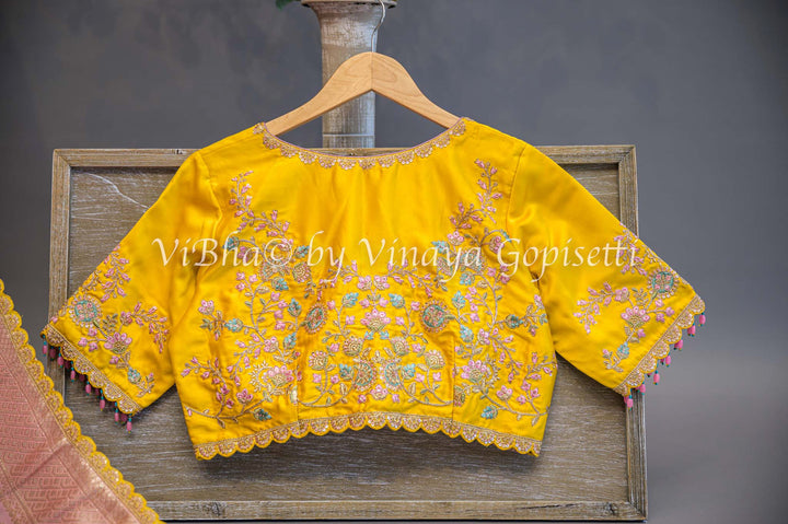 Pastel Pink And Yellow Banarasi Silk Embroidered Saree and Blouse