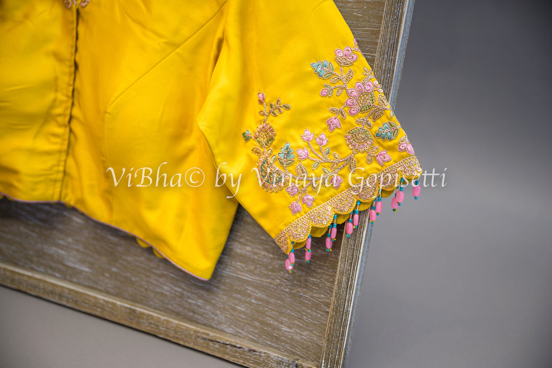 Pastel Pink And Yellow Banarasi Silk Embroidered Saree and Blouse