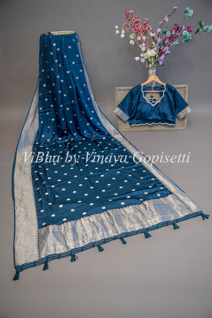 Dark Teal Banarasi Silk Saree And Blouse With Silver Zari Motifs and Borders