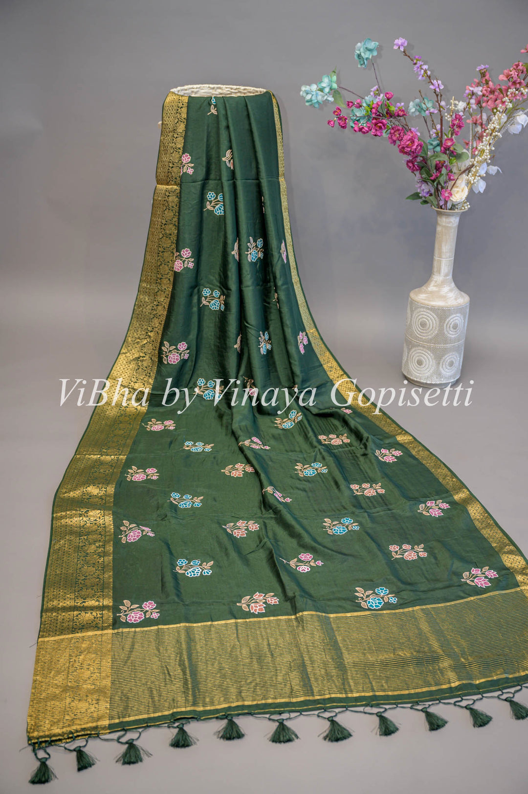 Dark Green Banarasi Silk Embroidered Saree And Blouse