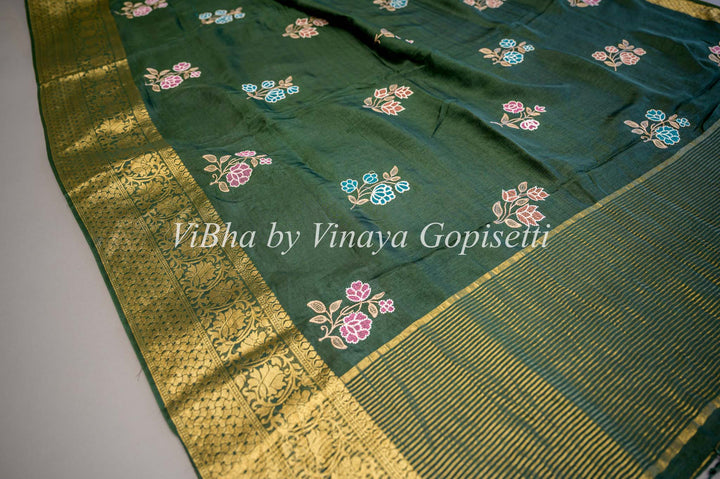 Dark Green Banarasi Silk Embroidered Saree And Blouse