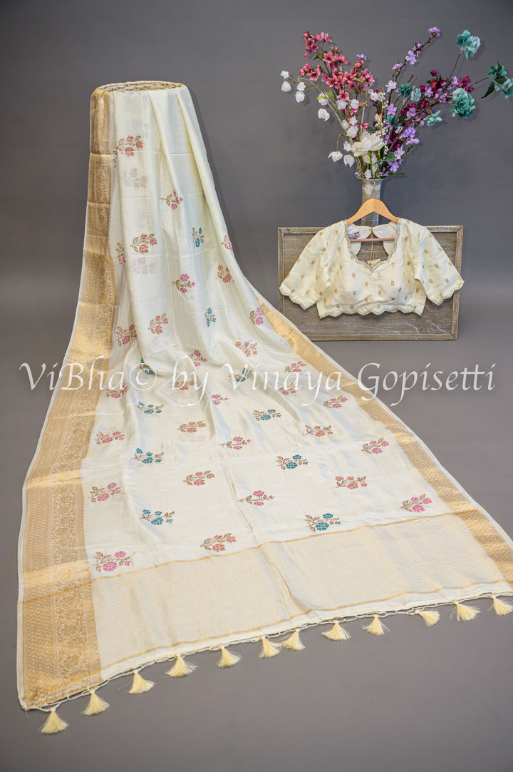 White Banarasi Silk Emnbroidered Saree And Blouse