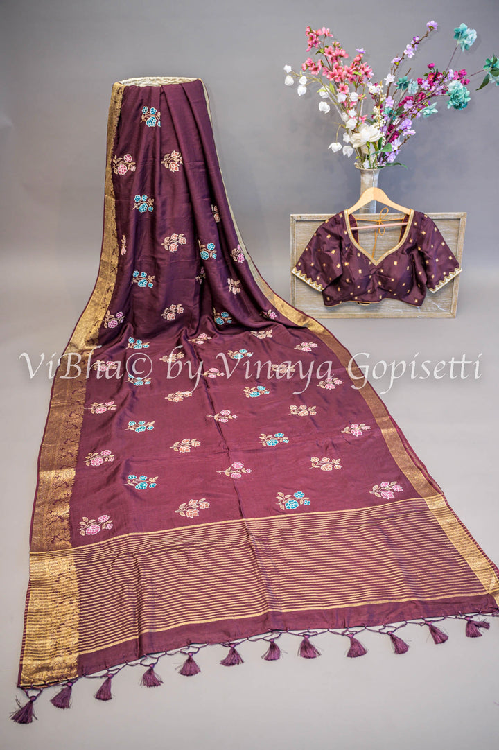 Wine Banarasi Silk Embroidered Saree and Blouse