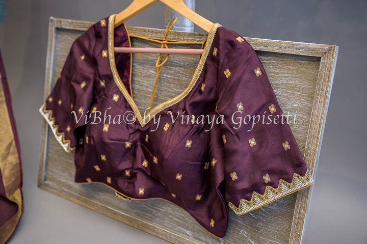 Wine Banarasi Silk Embroidered Saree and Blouse