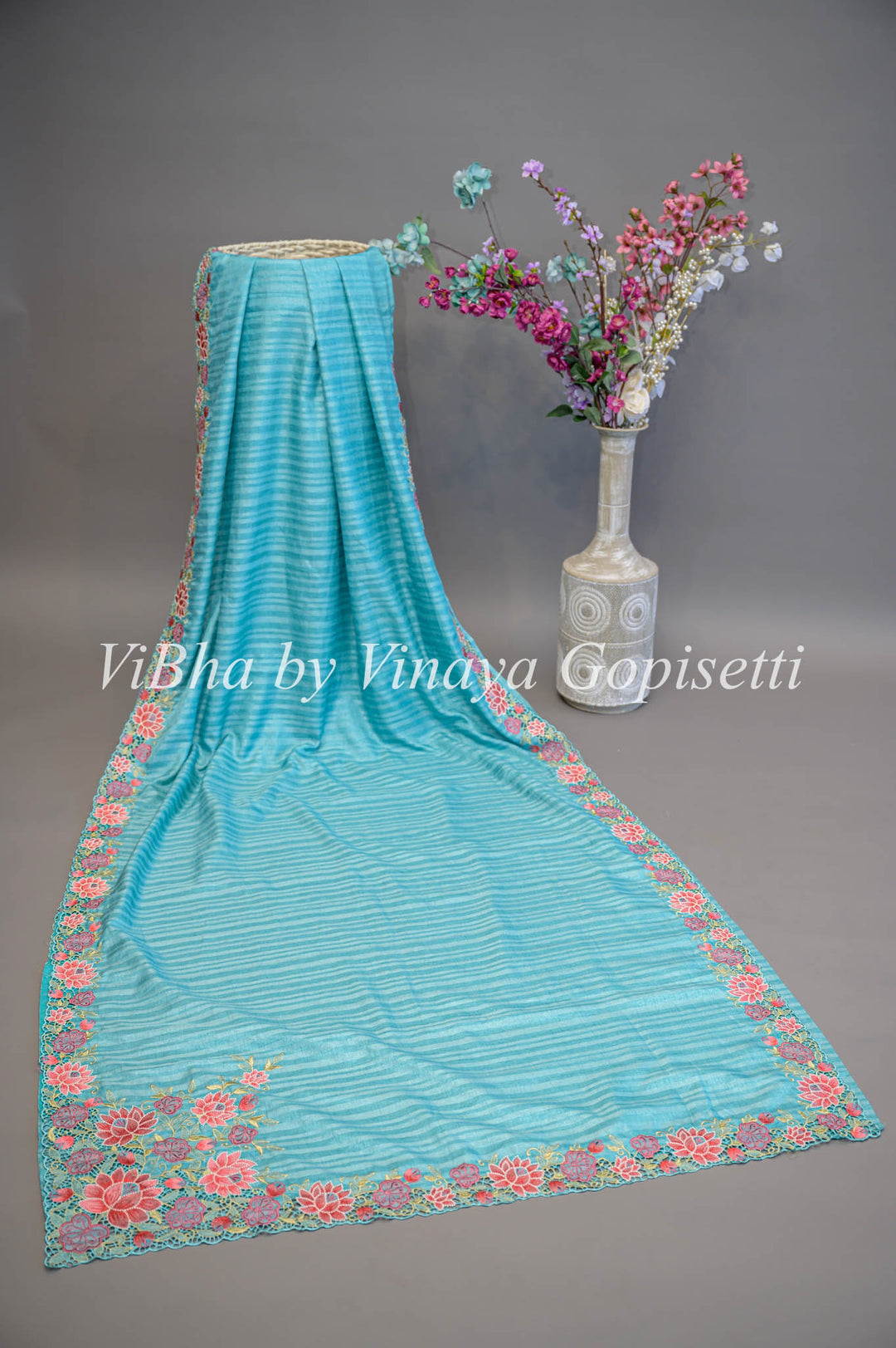 Blue Dola Silk Cut Work Embroidered Saree And Blouse