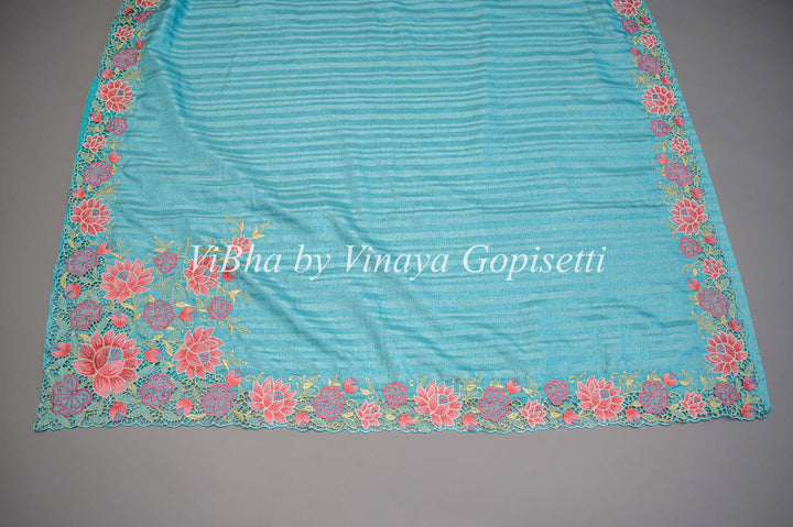 Blue Dola Silk Cut Work Embroidered Saree And Blouse