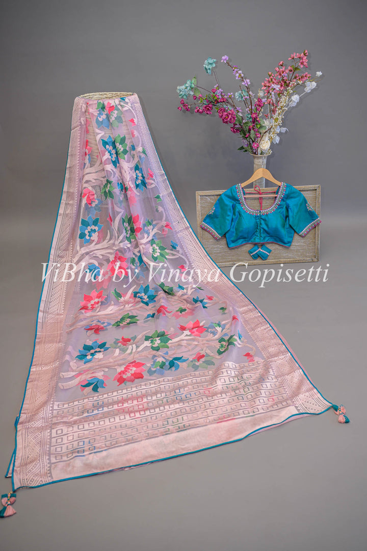 Pink Organza Embroidered Saree and Blouse