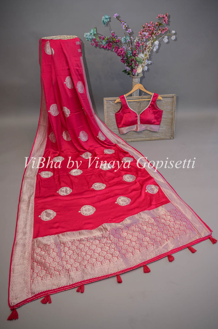 Pink Banarasi Silk Saree and Blouse With Silver Zari Motifs And Borders