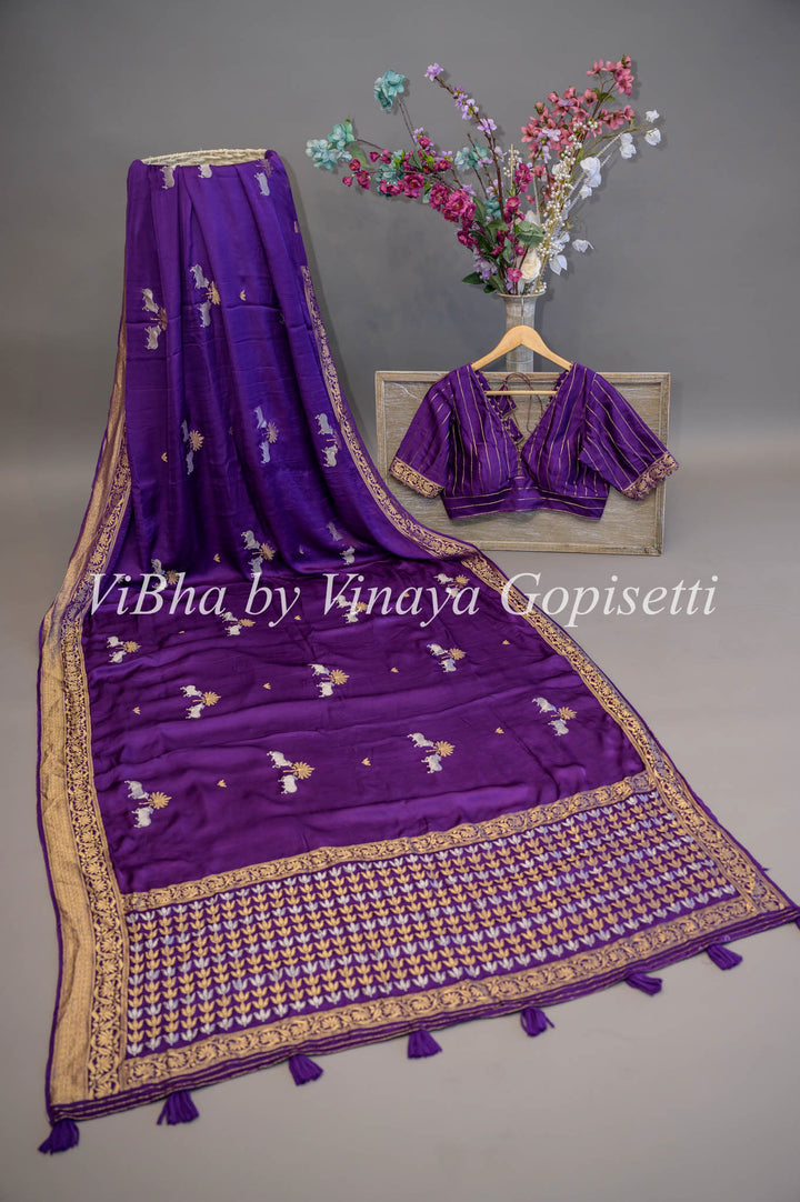Purple Banarasi Silk Saree And Blouse With Pichwai Motifs