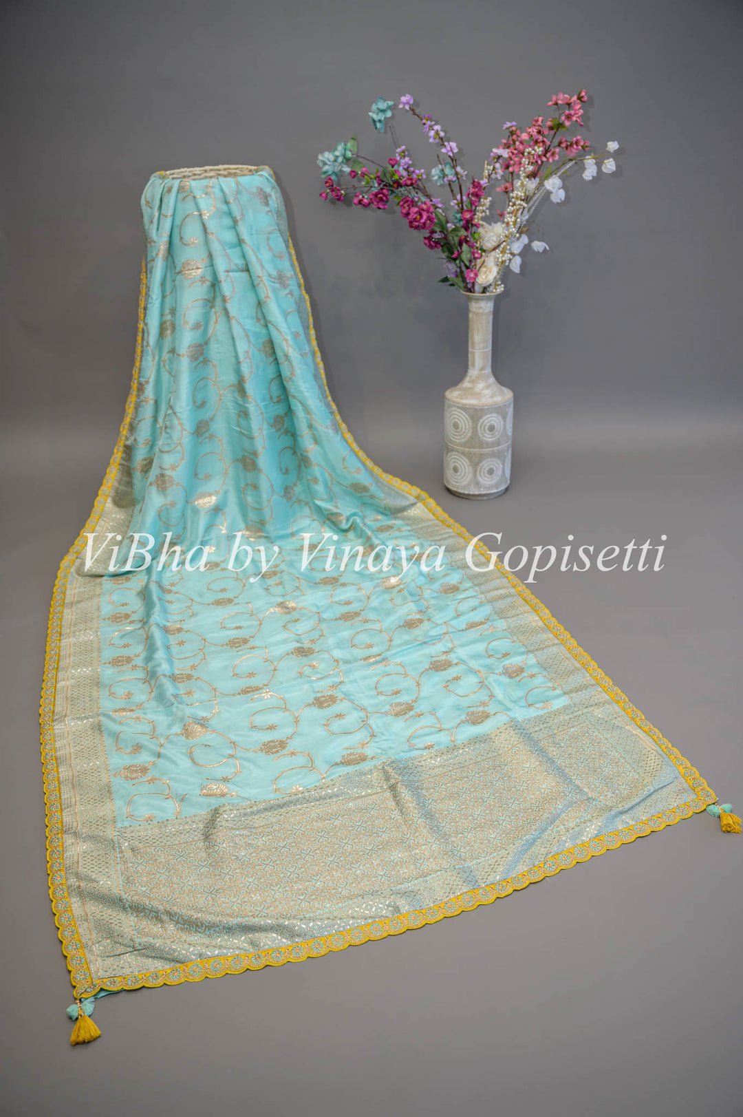 Pastel Blue And Green Banarasi SIlk Embroidered Saree and Blouse