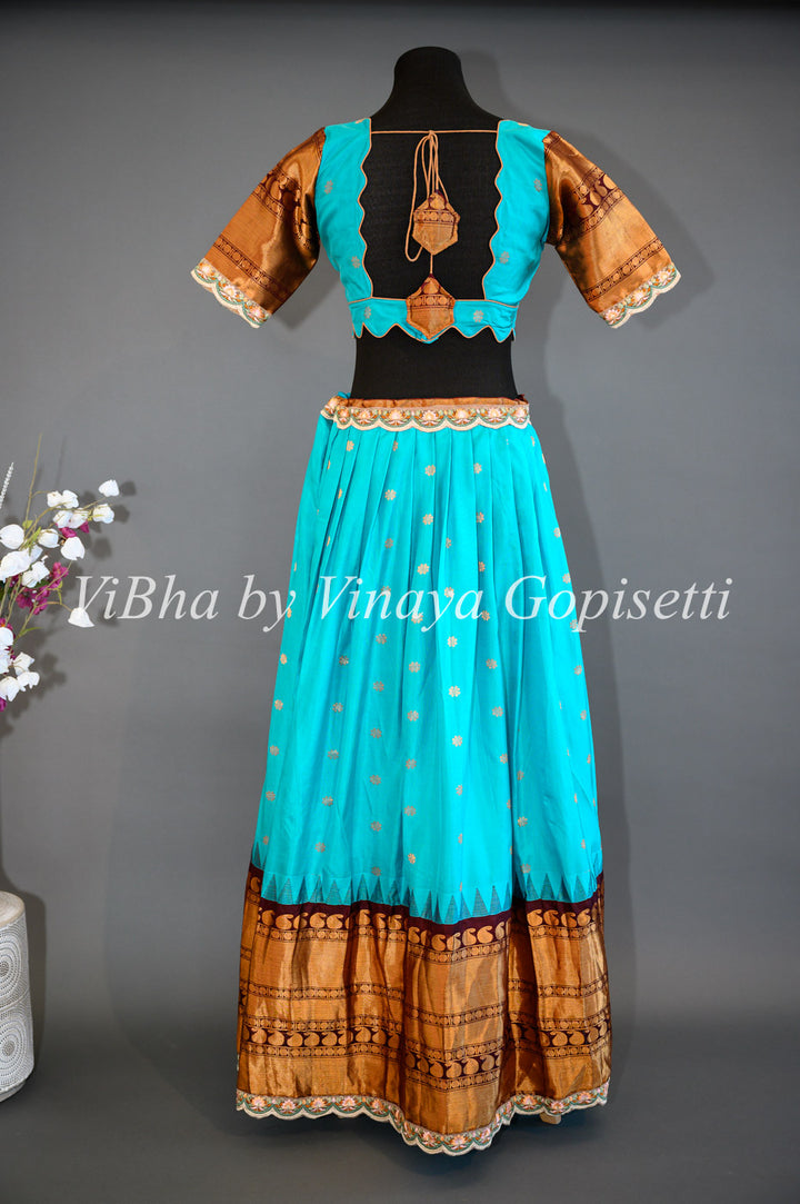 Dark Sky Blue and Brown Gadwal Silk Lehenga with Embroidered Borders And Peach Net Embroidered  Dupatta