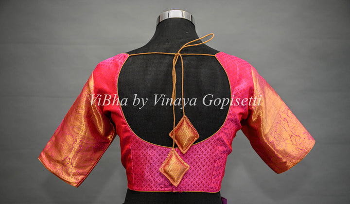 Tangerine and Rani Pink All Over Design Kanchi Silk Saree And Blouse