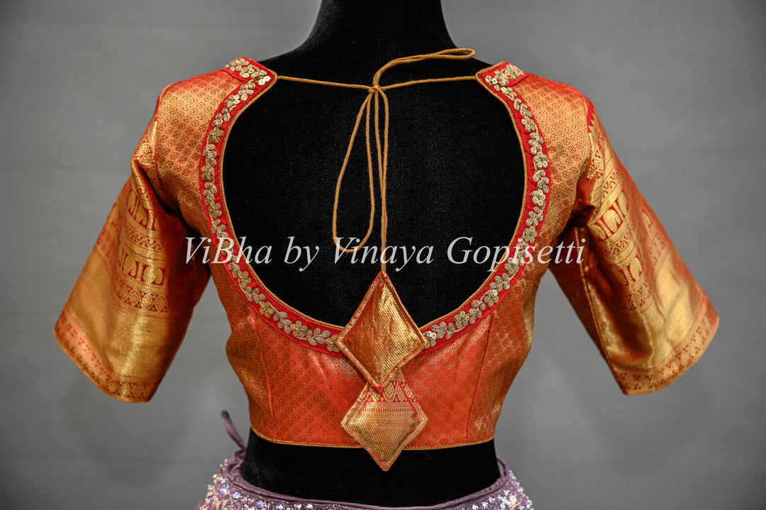 Light Gold Tissue With Meenakari Work and Maroon Red Kanchi Silk Saree and Blouse