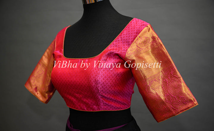 Tangerine and Rani Pink All Over Design Kanchi Silk Saree And Blouse