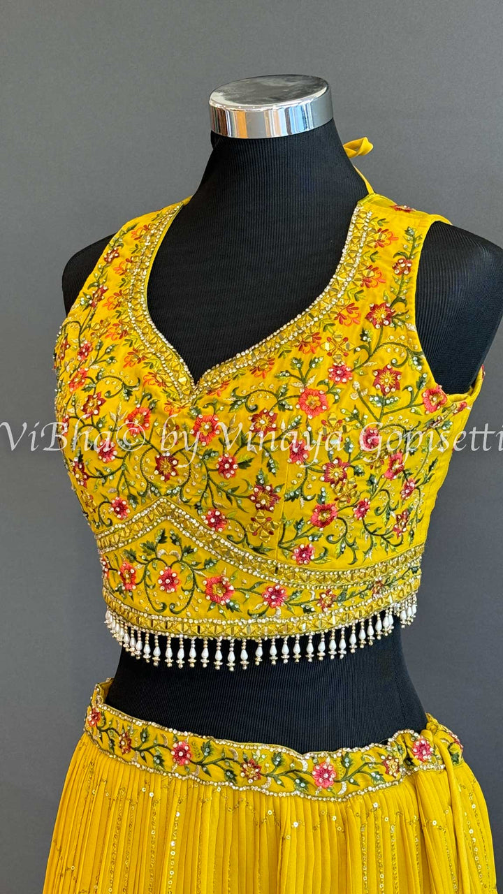 Yellow Lehenga with Embroidered Blouse and Green Bandhej Dupatta
