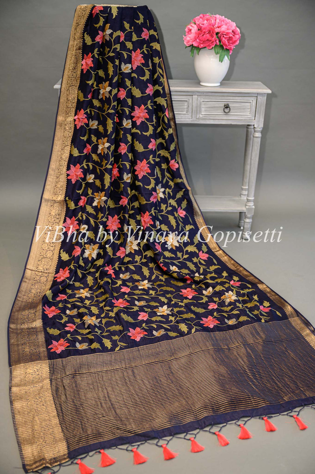 Navy Blue Banarasi Silk Saree And Blouse With Floral Thread Embroidery