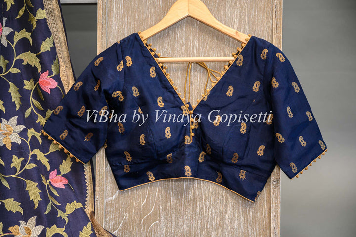Navy Blue Banarasi Silk Saree And Blouse With Floral Thread Embroidery