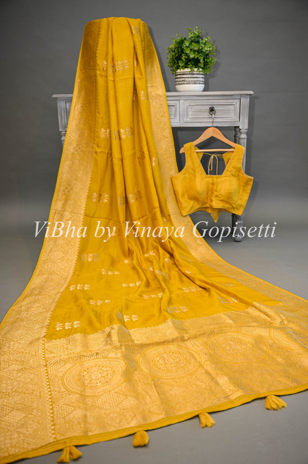 Yellow Banarasi Silk Saree With Flower Motifs And Blouse