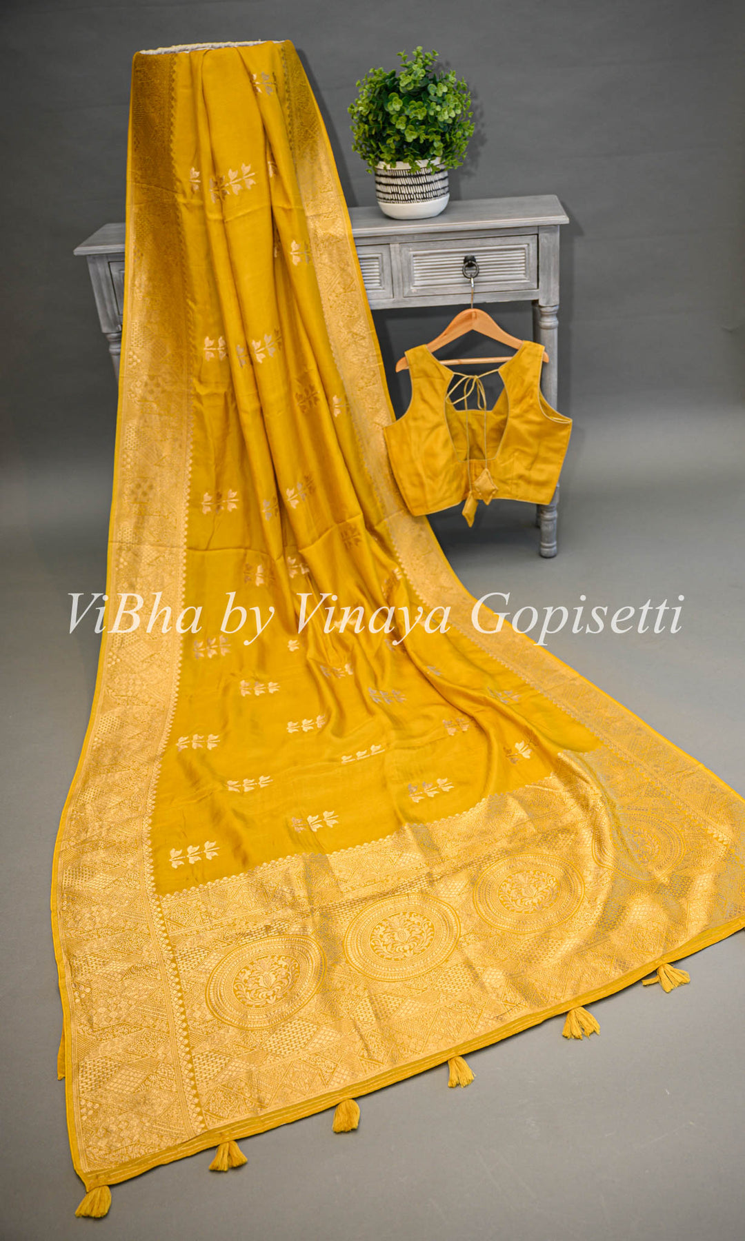 Yellow Banarasi Silk Saree With Flower Motifs And Blouse