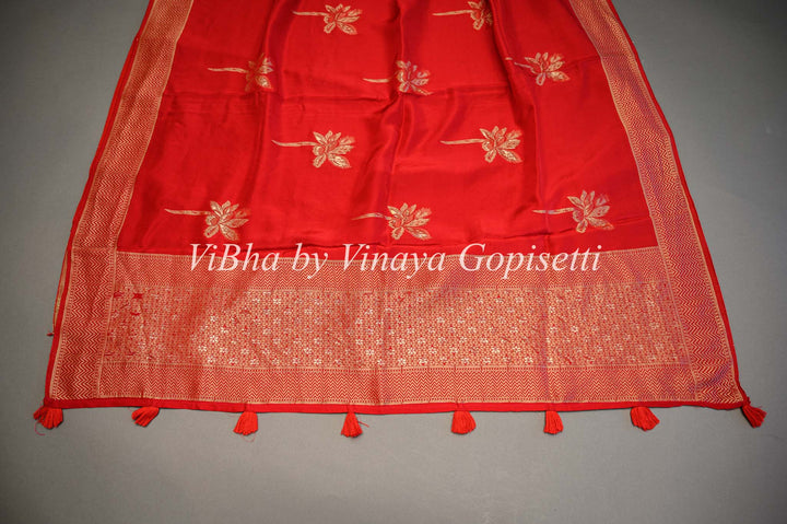 Red Banarasi Silk Saree With Flower Motifs