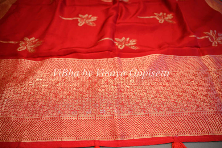 Red Banarasi Silk Saree With Flower Motifs