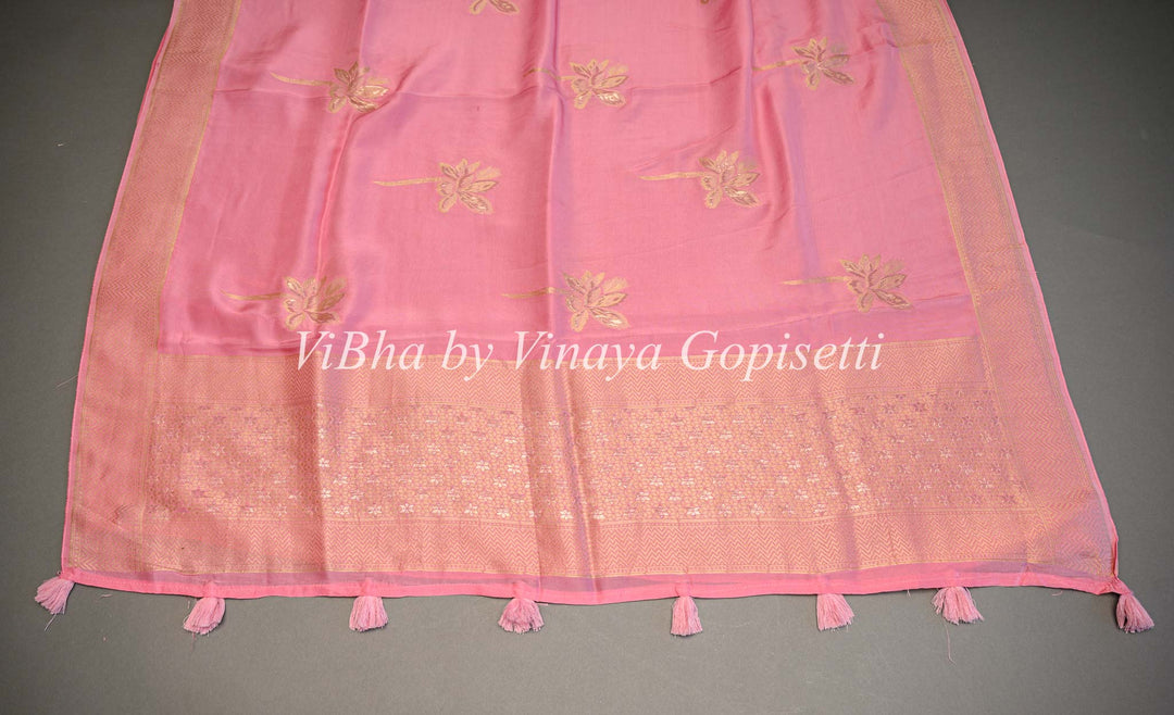 Pink Benares Silk Saree And Blouse With Flower Motifs