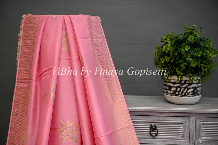 Pink Banarasi Silk Saree And Blouse With Flower Motifs
