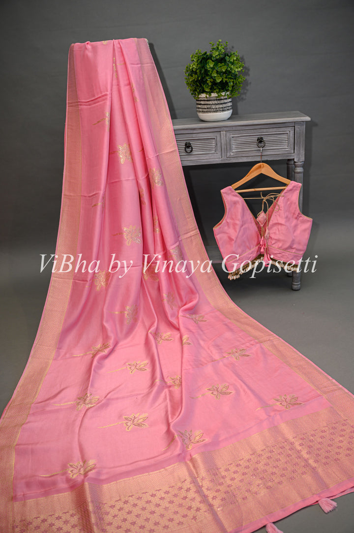 Pink Benares Silk Saree And Blouse With Flower Motifs